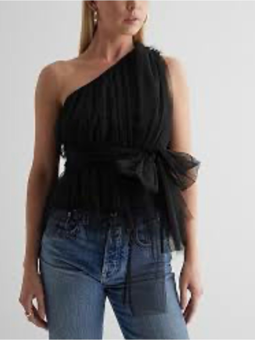 Express One-Shoulder Black Pleated Bow-Waist Camisole